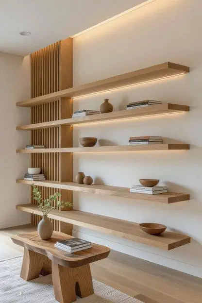 Wall-mounted timber shelving