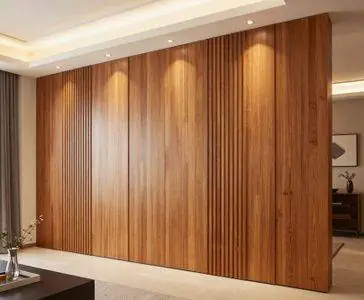 Slatted timber feature wall in a living room